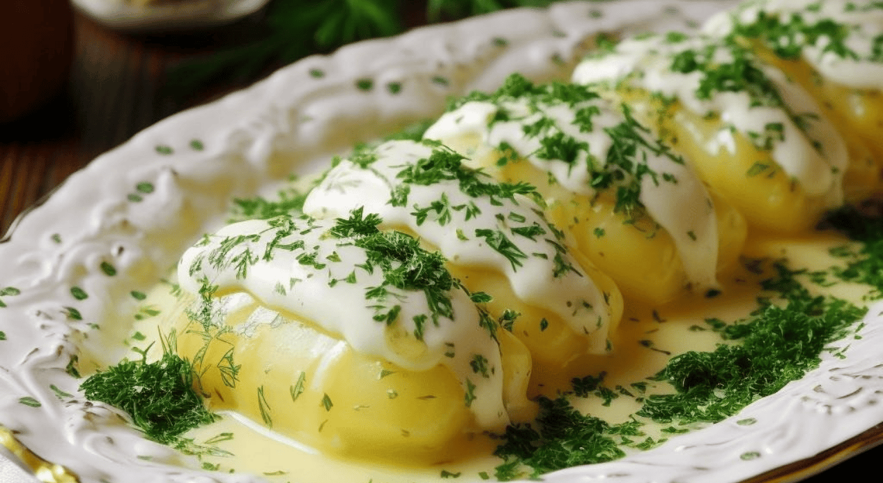 Potato dumplings on a plate garnished with sour cream and fresh chopped dill