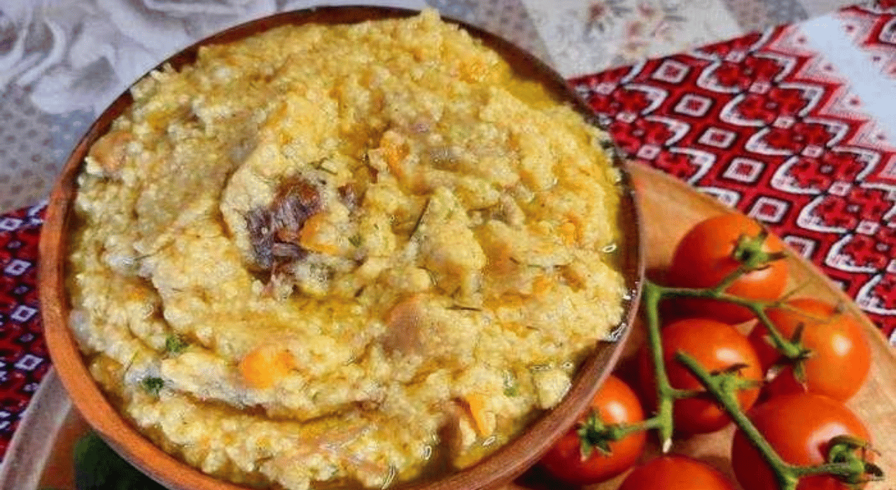 Millet and chicken porridge in a bowl aside ripe tomatoes on the vine