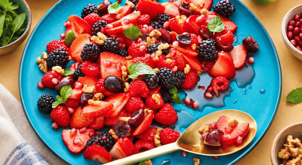 Colorful fruit salad with berries, pomegranate seeds, nuts and mint. 