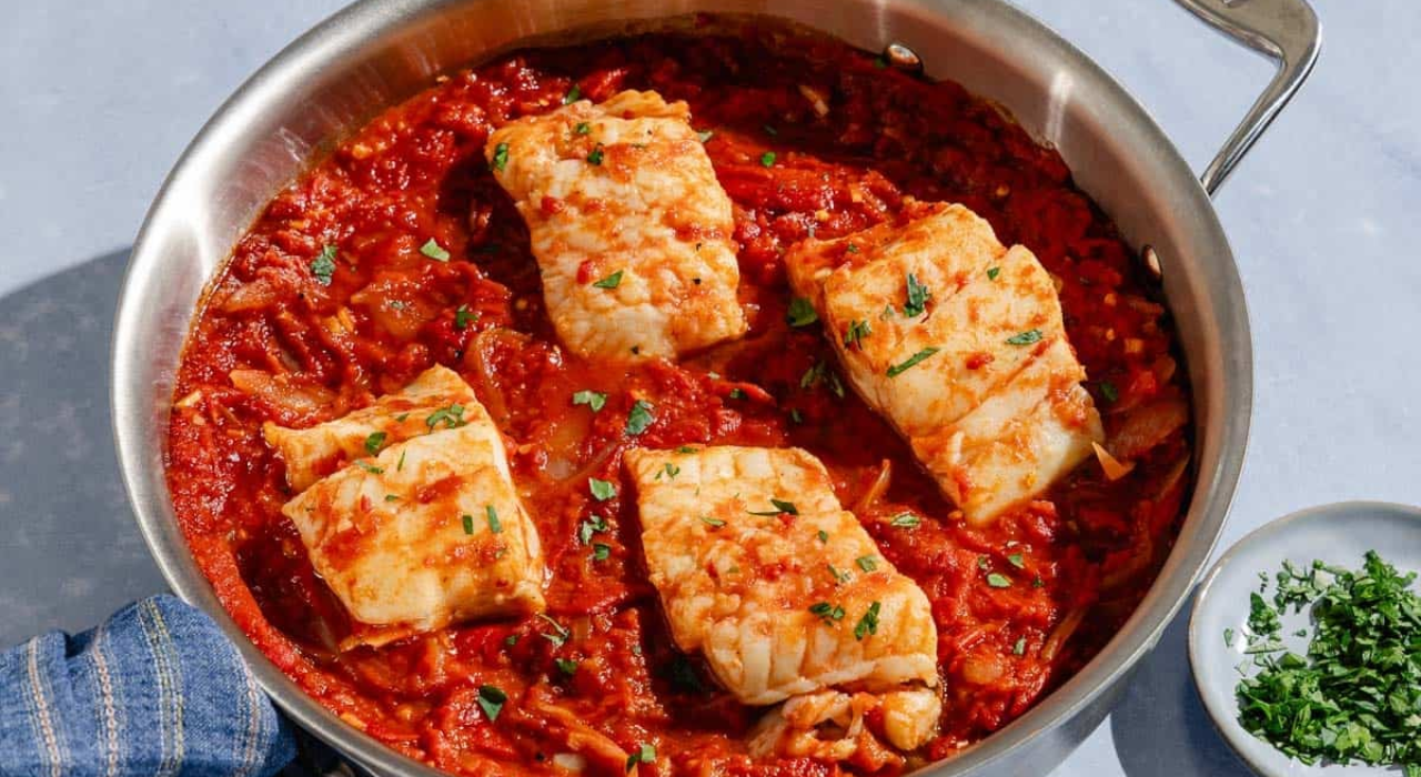 Four pieced of poached cod in a thick tomato and pepper sauce in a large stainless steel skillet.