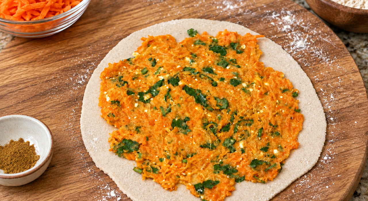 Paratha filled with carrots green bananas and farmers cheese.