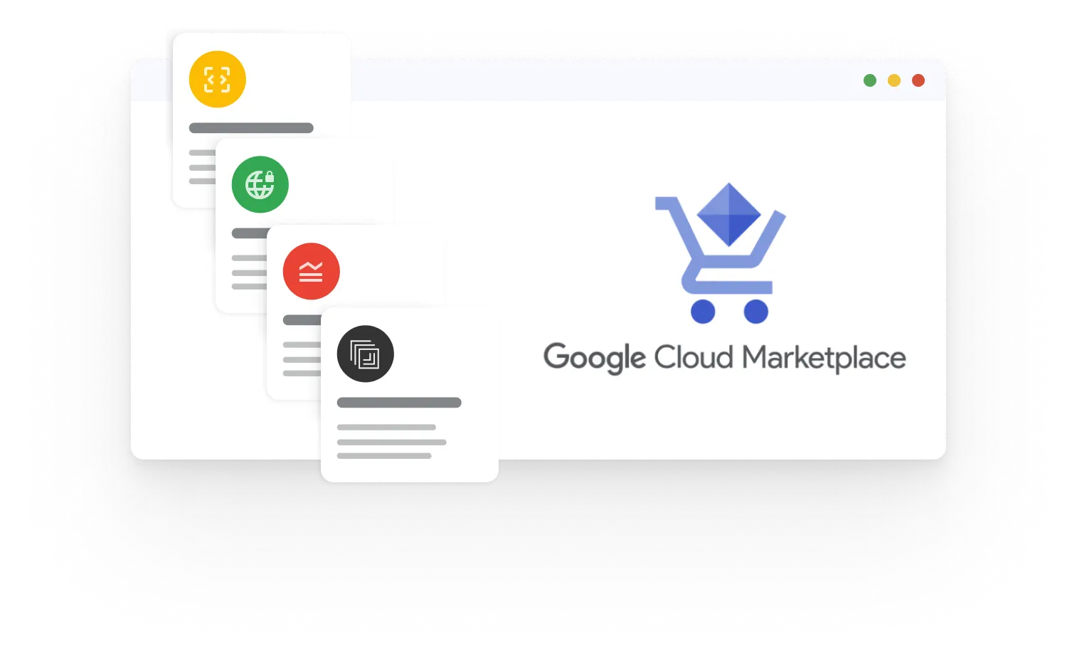 Browser window displaying the Google Cloud Marketplace logo with layered cards showing icons for various services.