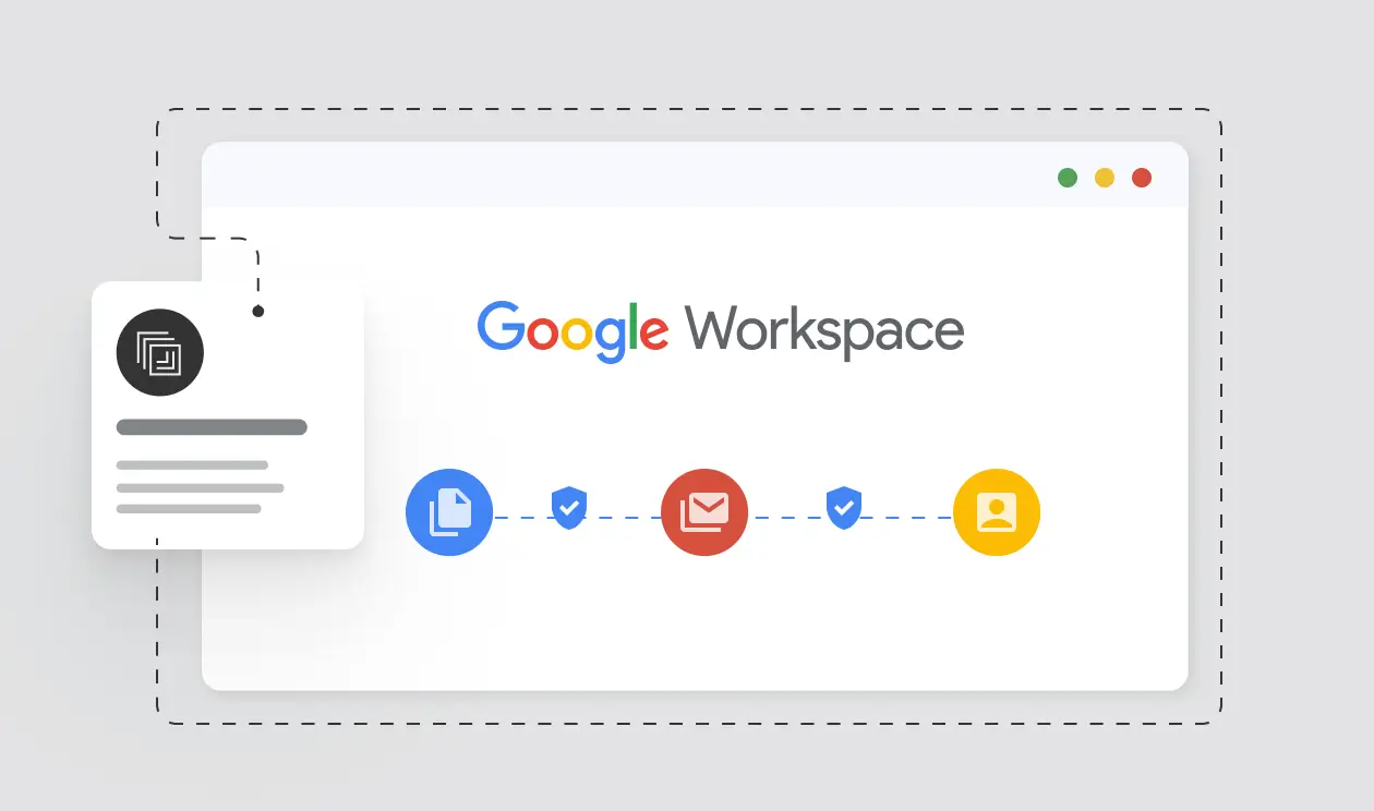 Google Workspace browser window with icons representing document, email, and user connected by security checkmark shields.