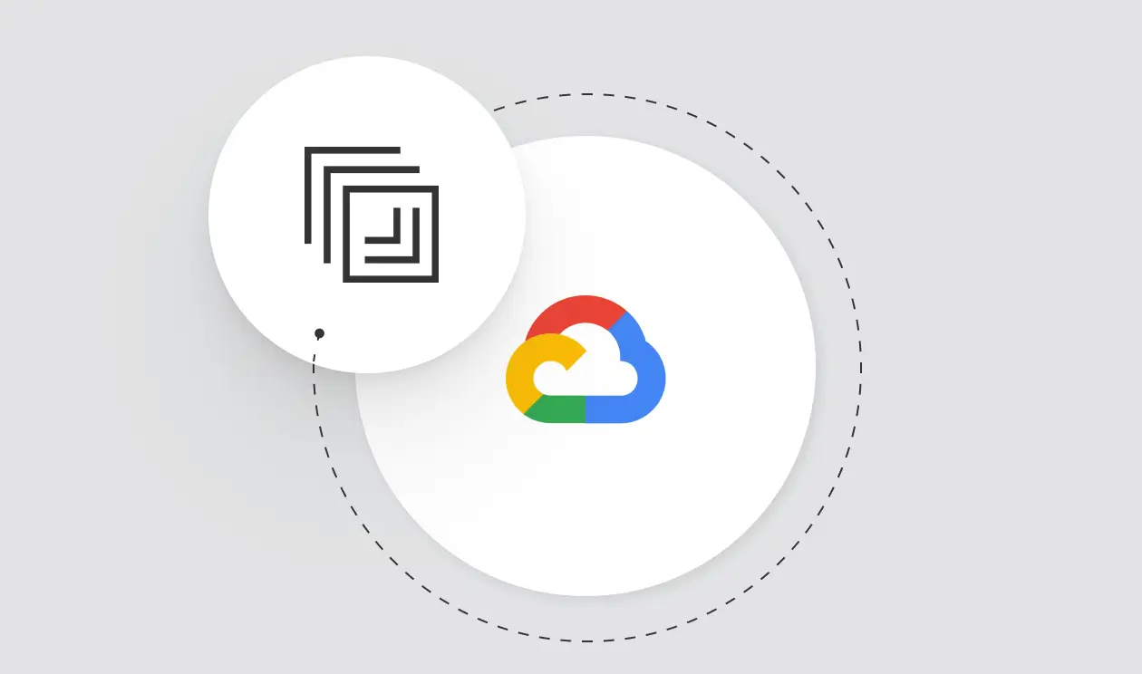 Google Cloud multicolor logo with connected black overlapping squares icon on white circular backgrounds.
