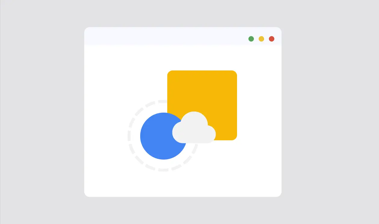Browser window with overlapping blue circle, white cloud, and yellow square icons.