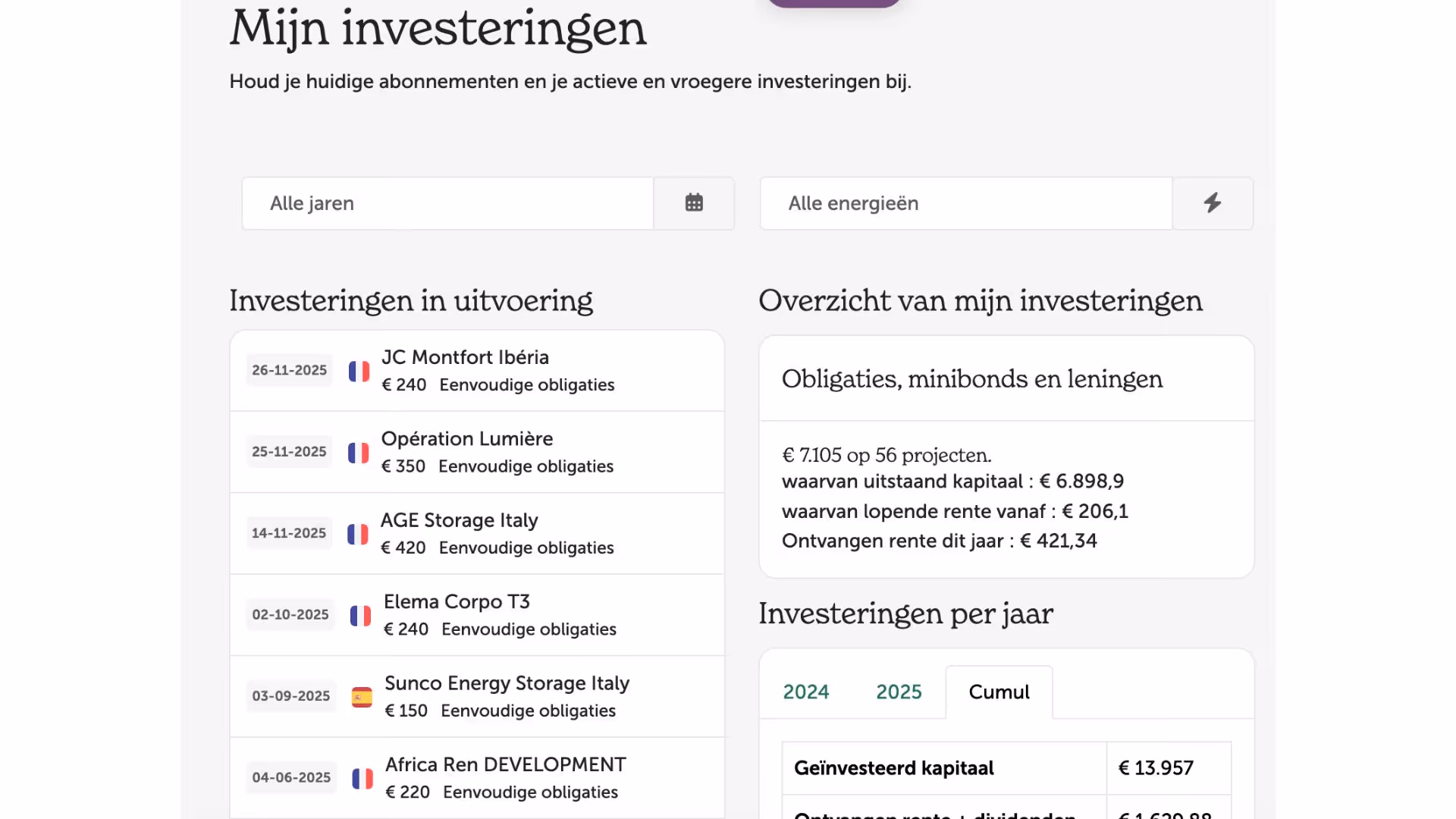 Overzicht van lopende en eerdere investeringen met datums, bedragen en bondtypes, plus samenvatting van totaal geïnvesteerd kapitaal en rente per jaar.