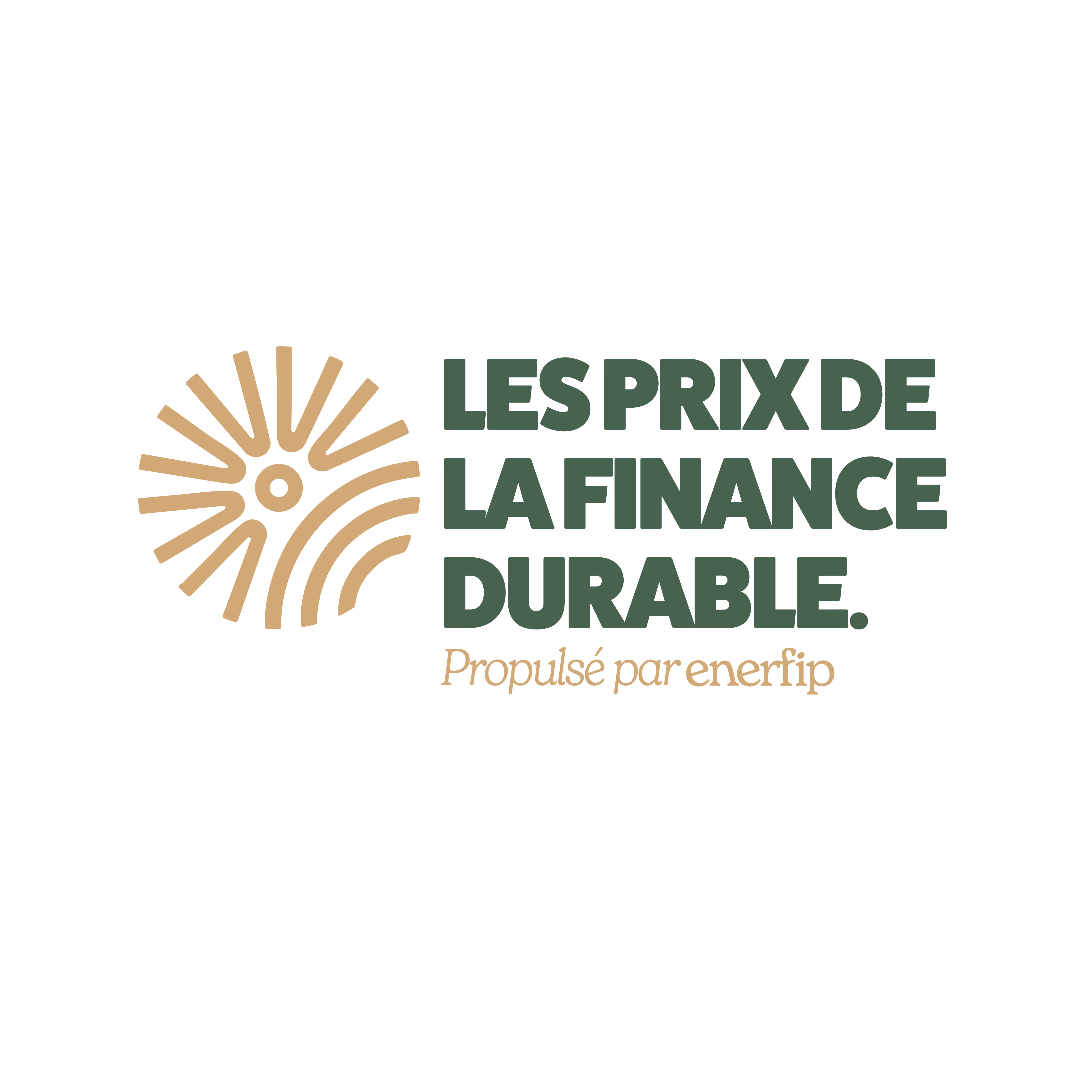 Logo des Prix de la Finance Durable, composé d'un motif de lignes dorées et de la mention « Propulsé par enerfip » en dessous.