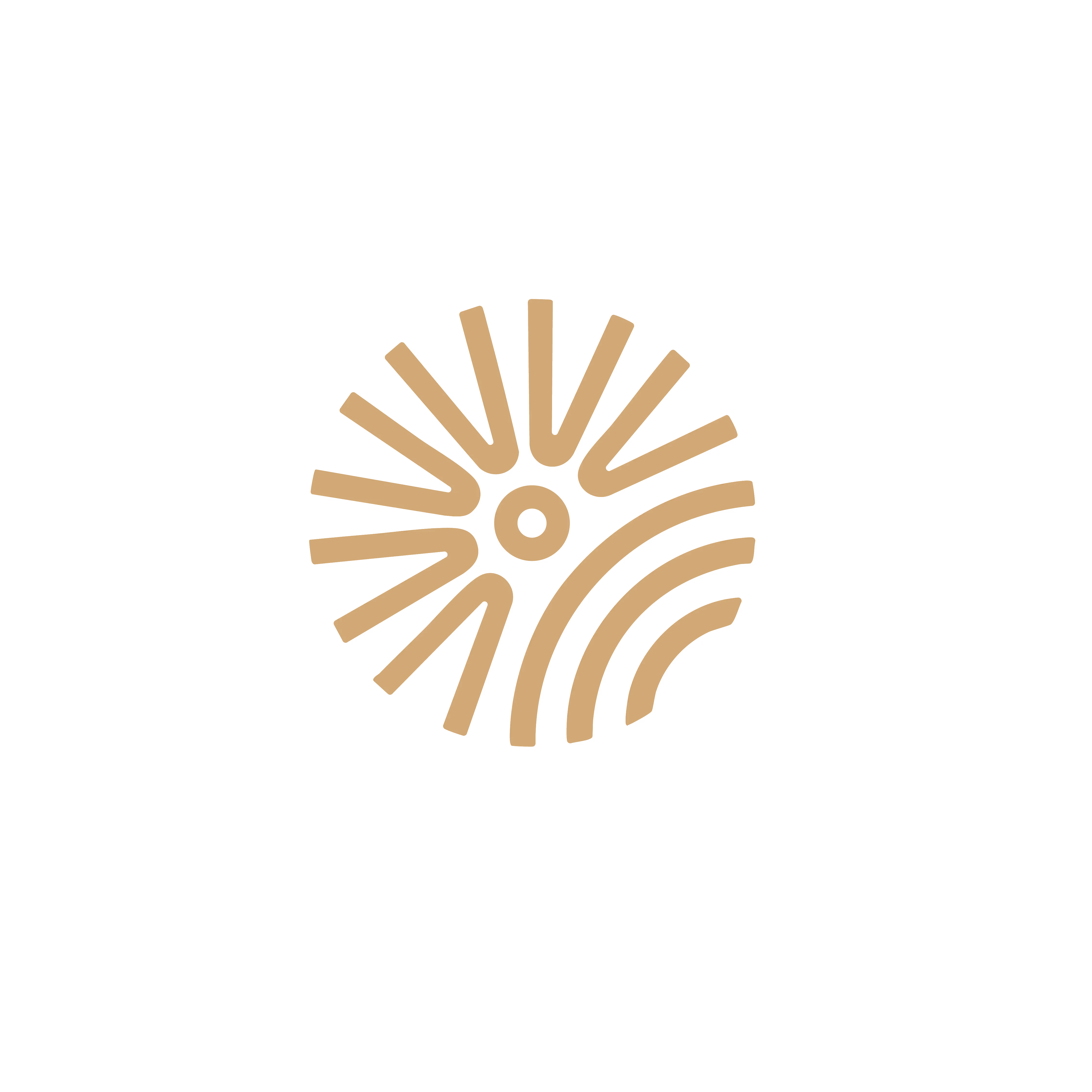 Motif abstrait représentant un symbole composé de rayons et de lignes courbes, de couleur sable.