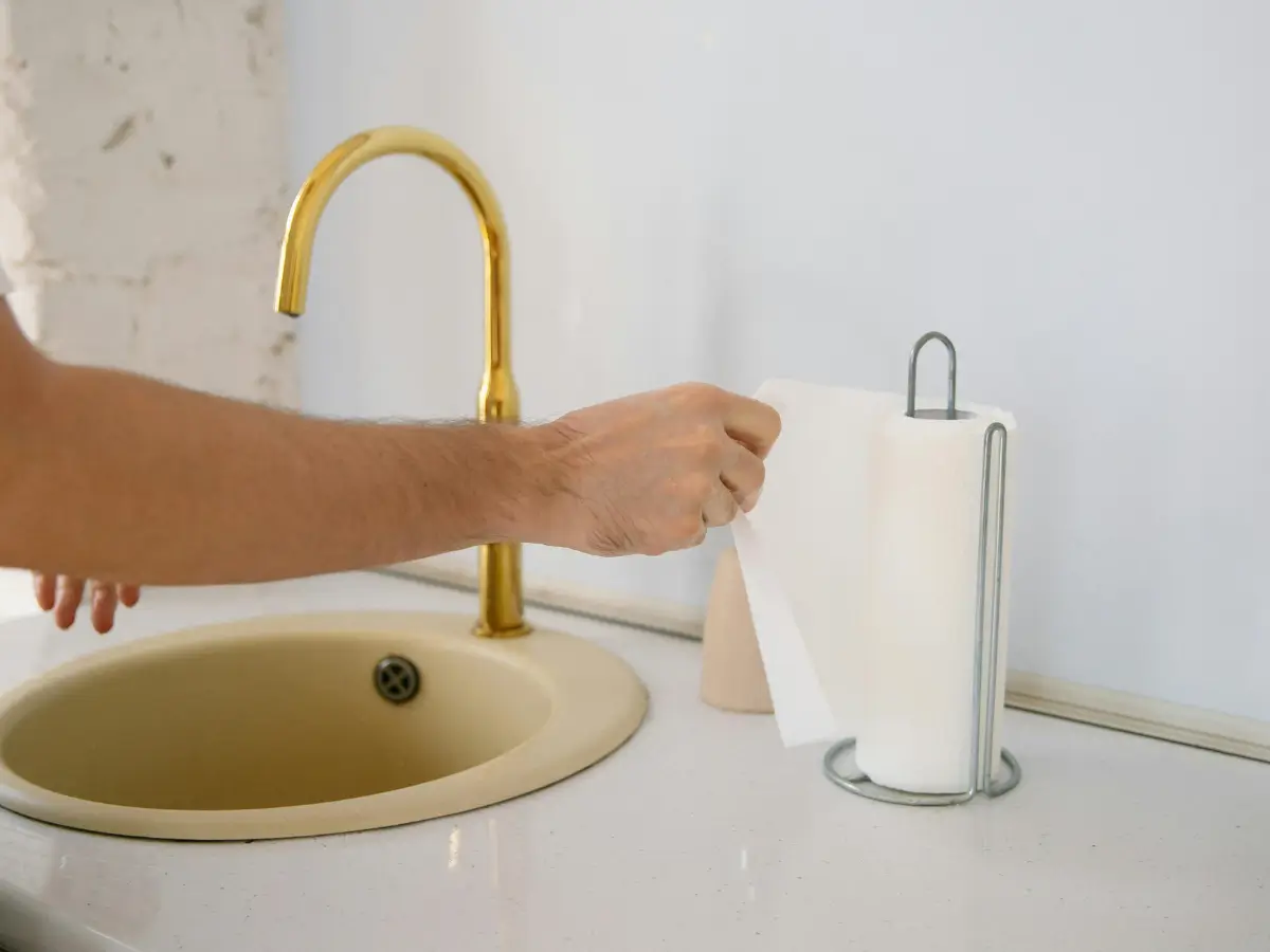 A person reaches for a paper towel roll beside a sink