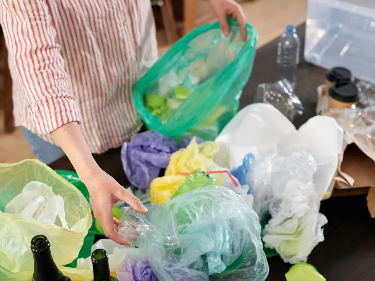 A person organizes plastic grocery bags