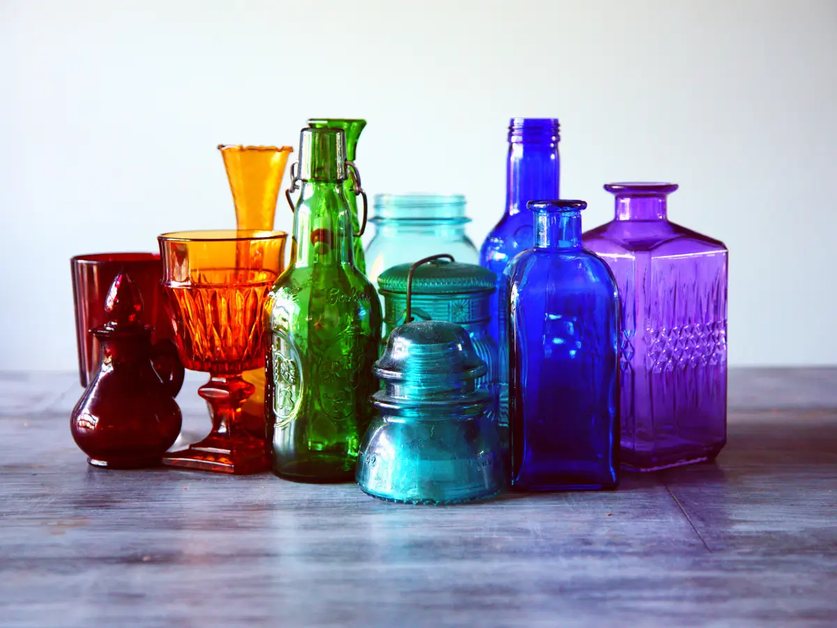 Group of various colourful glass bottles