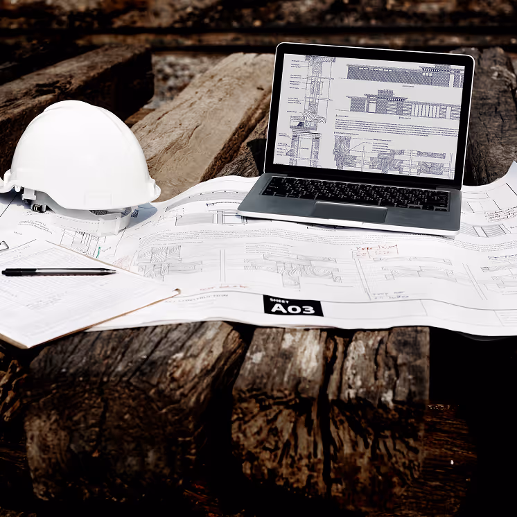 Construction documentation, a laptop displaying home plans, and a safety helmet placed on wooden decking.