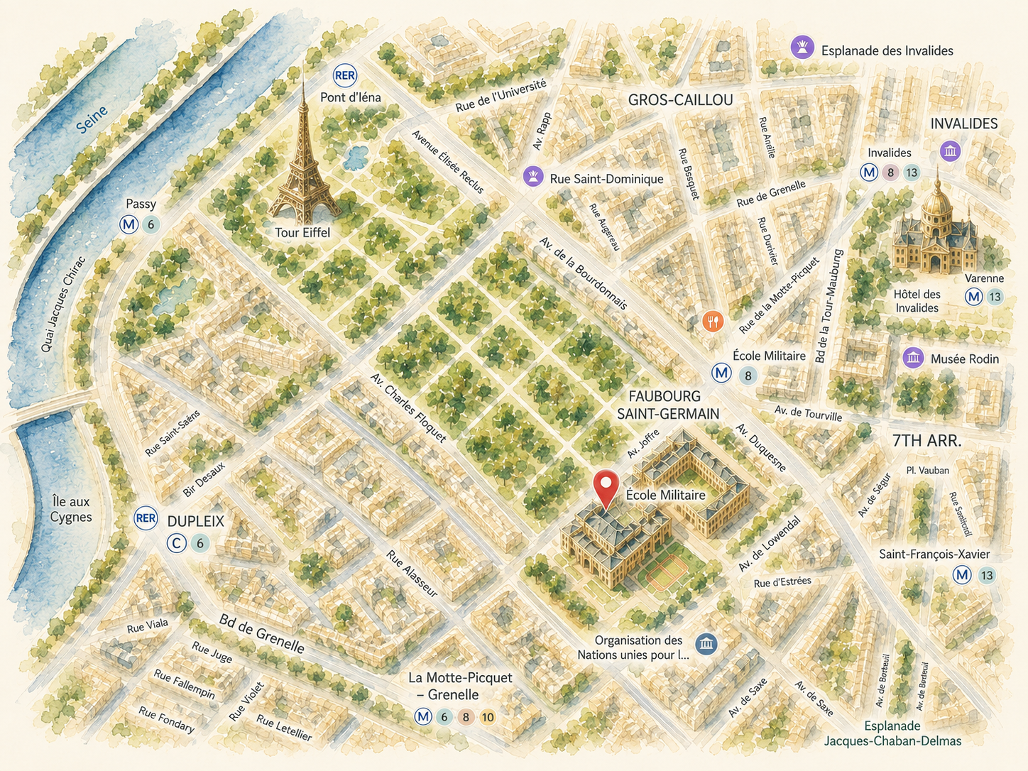Map showing the Nagar Yatra starting point at École Militaire