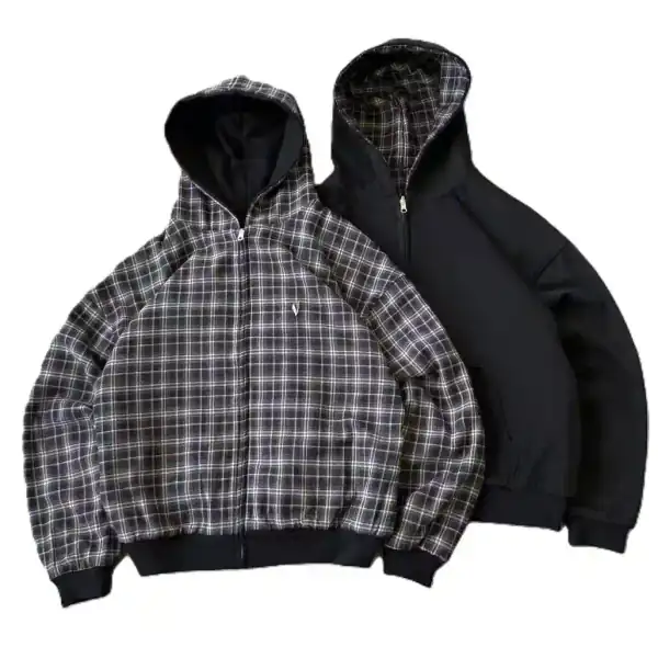 VRK Reversible Plaid Zip-Up Hoodie（Black/Brown)