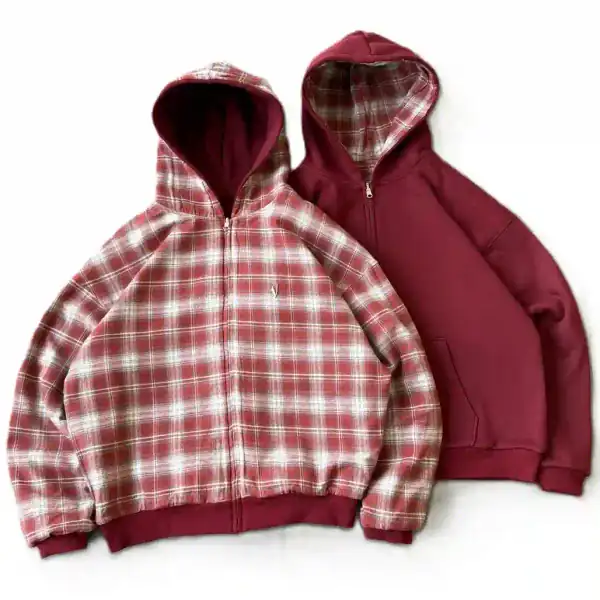 VRK Reversible Plaid Zip-Up Hoodie（Wine/Red)