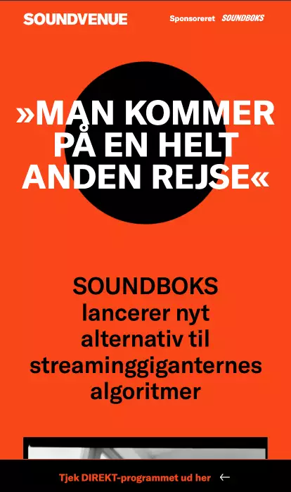 Advertisement with orange background featuring bold white Danish quote and black text about SOUNDBOKS launching a new alternative to streaming giants' algorithms.