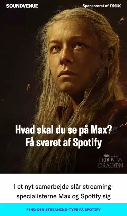Close-up of a serious woman with long blonde hair against a dark background, promoting the HBO series House of the Dragon with Danish text about streaming on Max and Spotify.