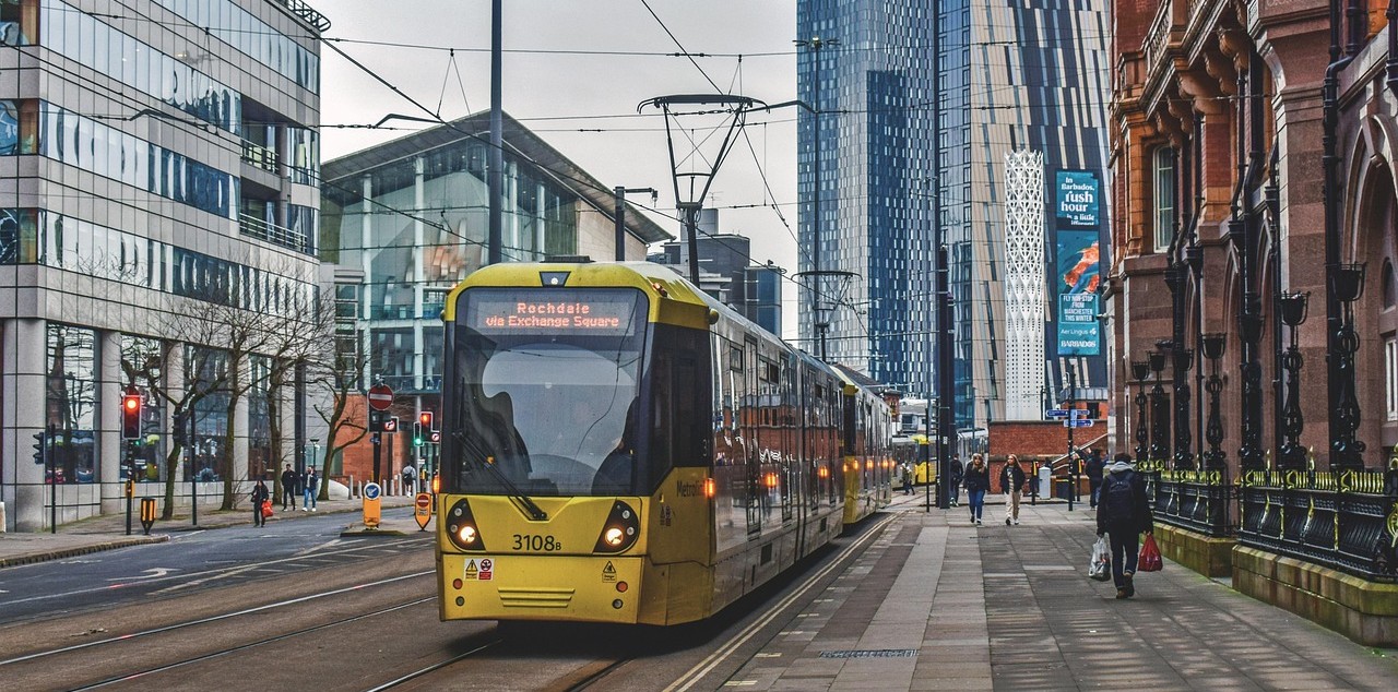 A tram in Manchester heading to Rochdale