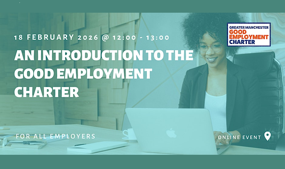 Graphic reads: An Introduction to the Good Employment Charter - for all employers. Online event. A woman using a laptop is featured in the background.