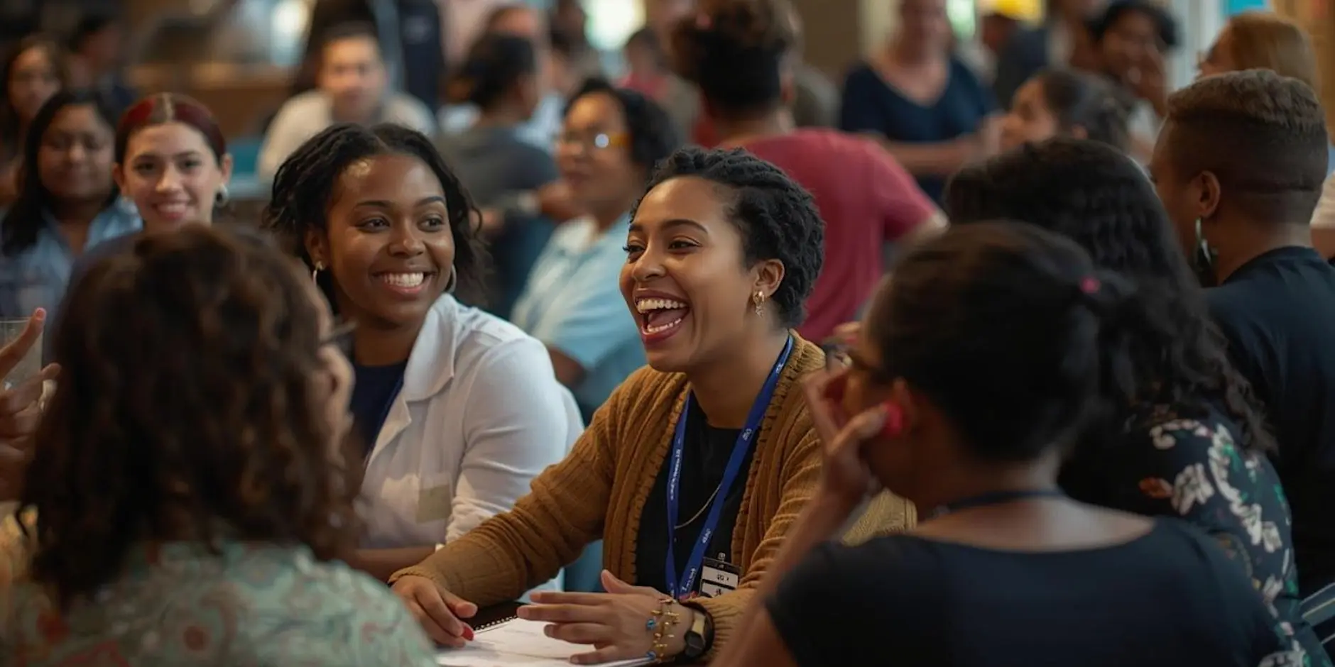 People chatting during a busy event