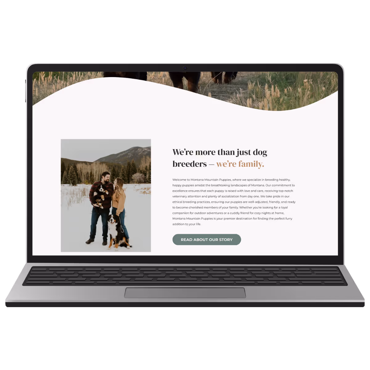 Website design for a Utah family dog breeder, featuring modern clean layout with lifestyle photography of owners and their dogs in a mountain setting