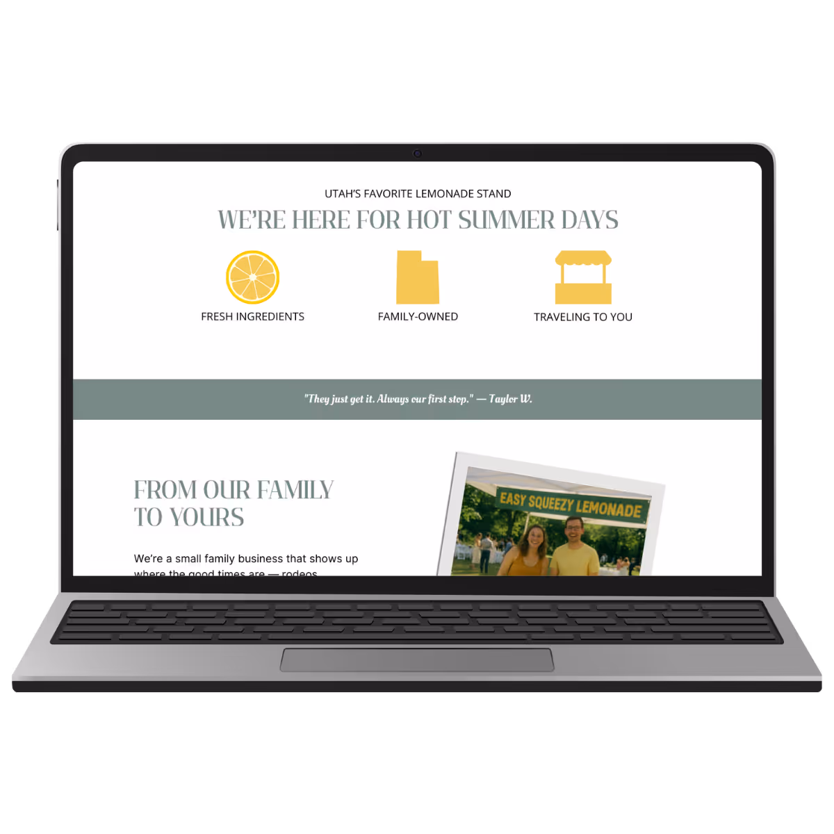 Website design for a family-owned lemonade stand and food vendor business in Utah, featuring fresh modern layout with playful icons and friendly branding