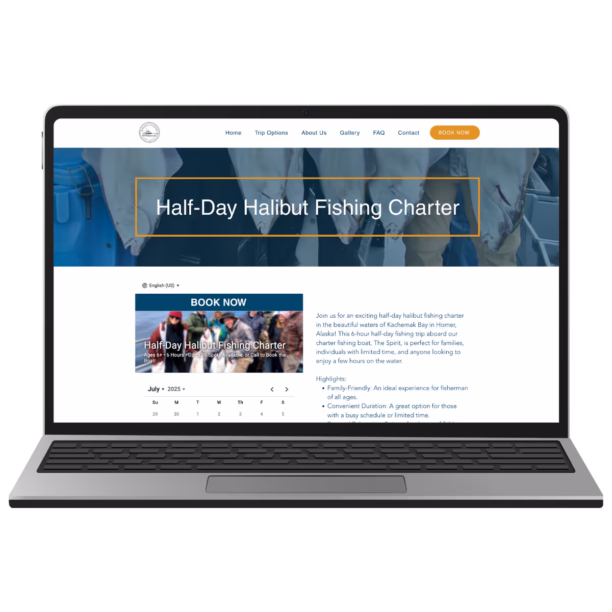 Website design for a half-day halibut fishing charter in Homer Alaska, displayed on a laptop screen with booking calendar and trip details