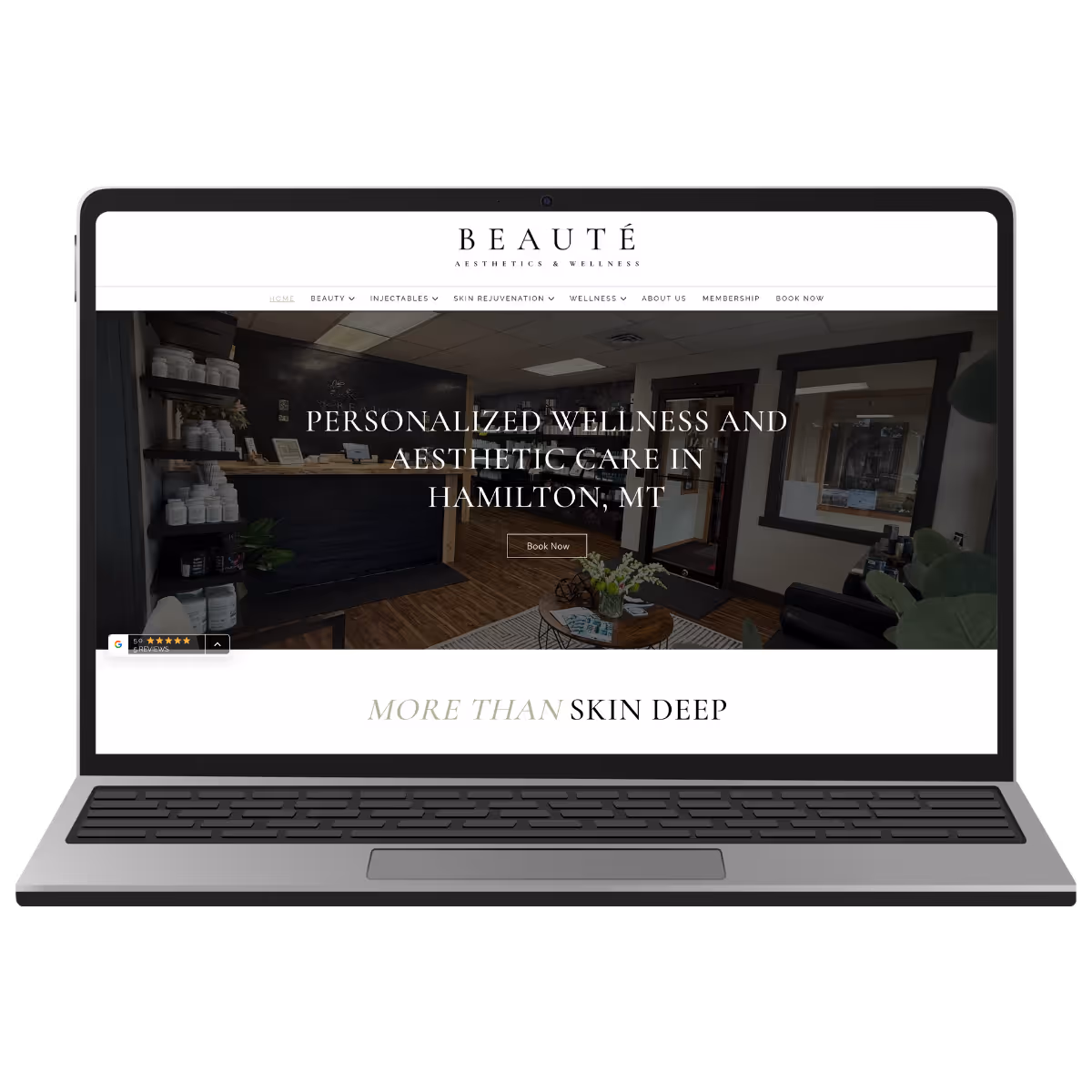 Website design for Beauté Aesthetics & Wellness, a med spa in Hamilton Montana, shown on a laptop screen with clean modern layout and wellness-focused branding