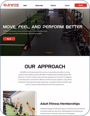 Modern website design for Elevate, a fitness and performance training gym in Hamilton Montana, featuring bold typography, full-width hero image, and clean layout