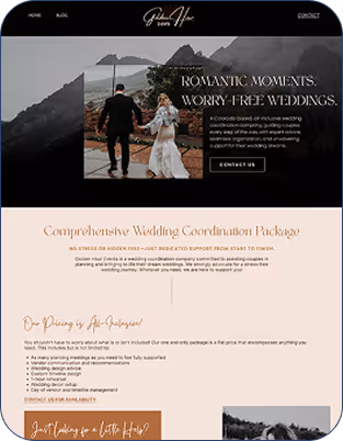 Website design for a Colorado wedding planner featuring romantic mountain backdrop and bridal couple