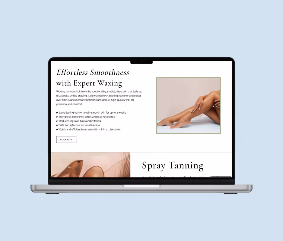 Laptop screen showing a beauty service webpage with expert waxing details and a photo of smooth, crossed female legs.