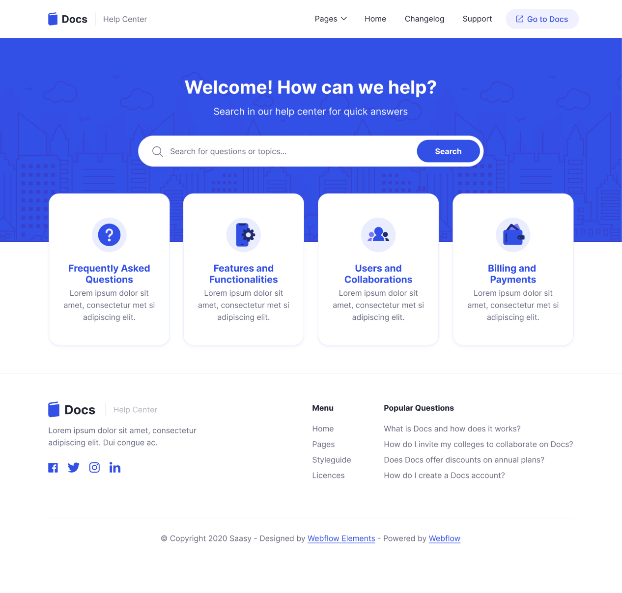 Docs - Home V2 page - Support and Help Webflow Template