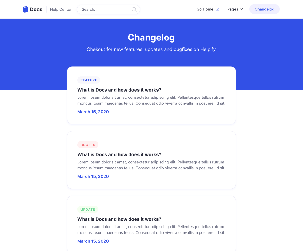 Docs - Changelog page - Support and Help Webflow Template