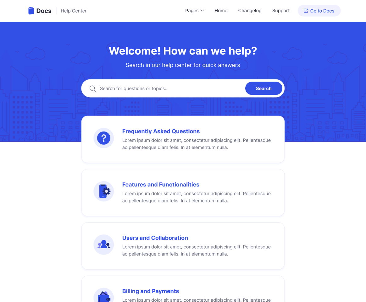Docs - Home V1 page - Support and Help Webflow Template