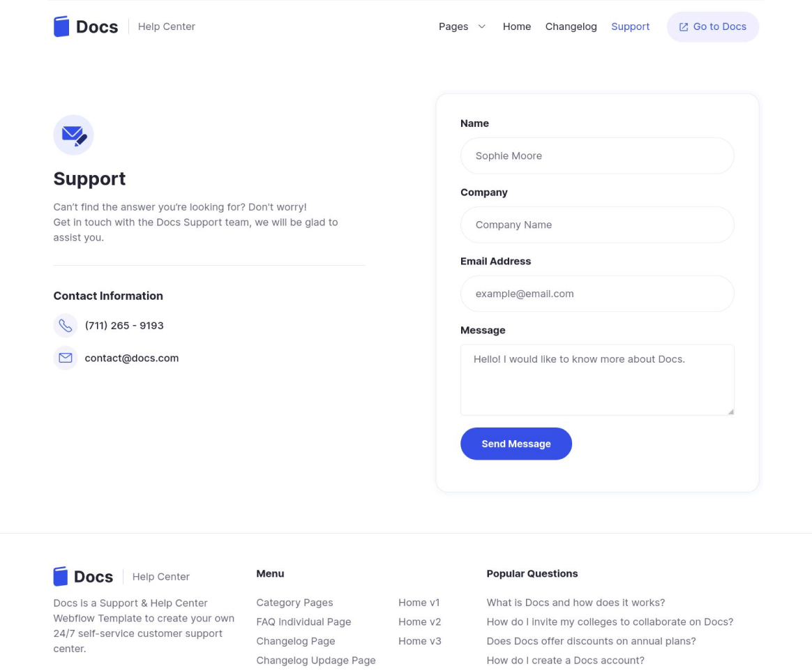Docs - Support page - Support and Help Webflow Template