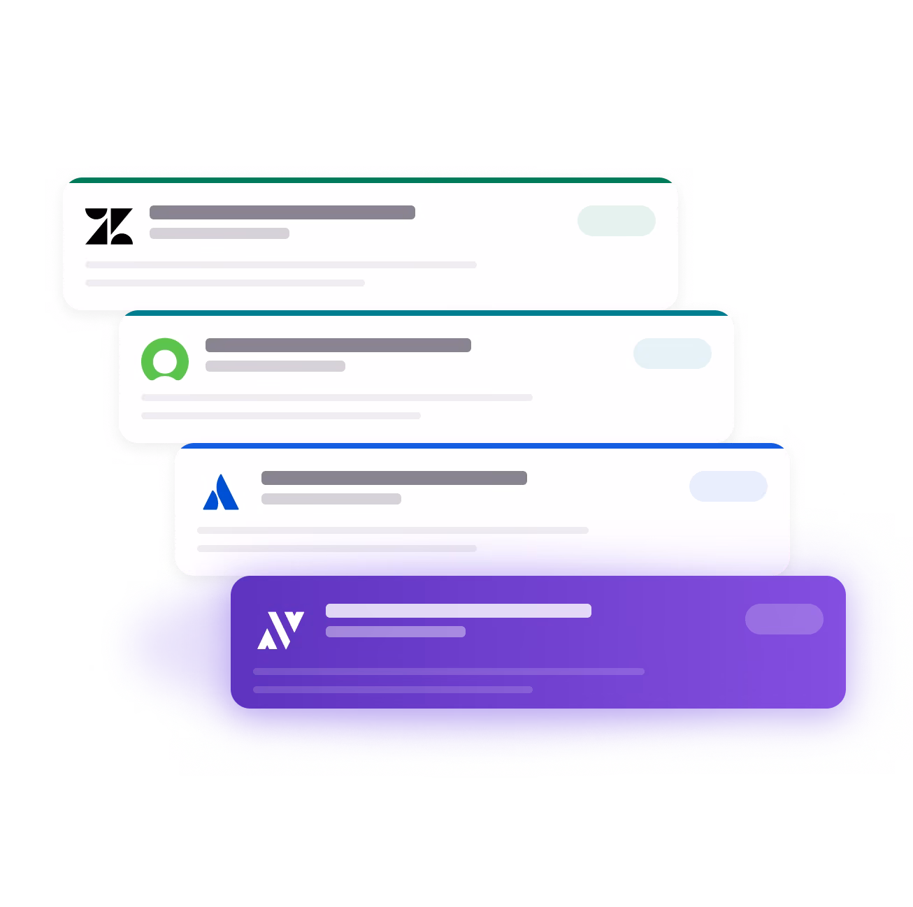 Stacked notification cards with different company logos, the bottom card highlighted in purple.