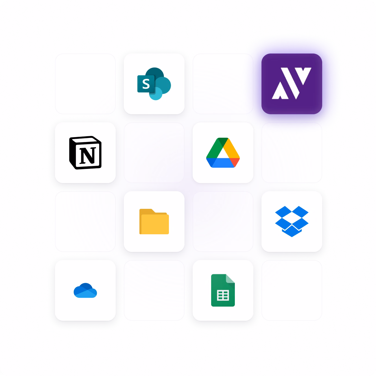 Grid of tech and cloud service logos including SharePoint, Notion, Google Drive, Dropbox, OneDrive, Google Sheets, and a highlighted purple icon with stylized letters 'AW'.