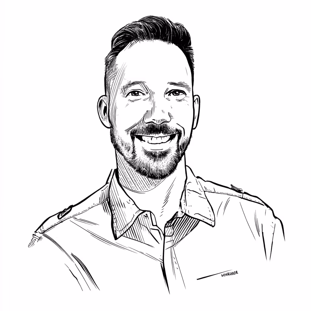 Black and white line drawing of a smiling man with short hair and a beard, wearing a collared shirt.