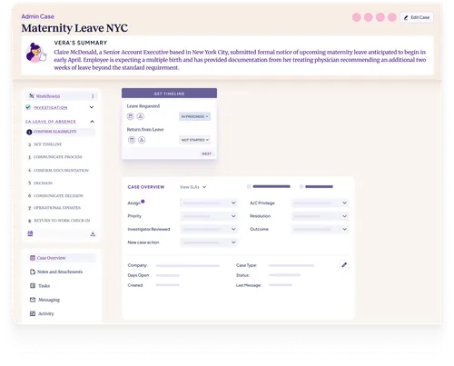 Dashboard titled Maternity Leave NYC showing a case summary for Claire McDonald with workflow steps on the left and a timeline setting panel for leave request status in the center.