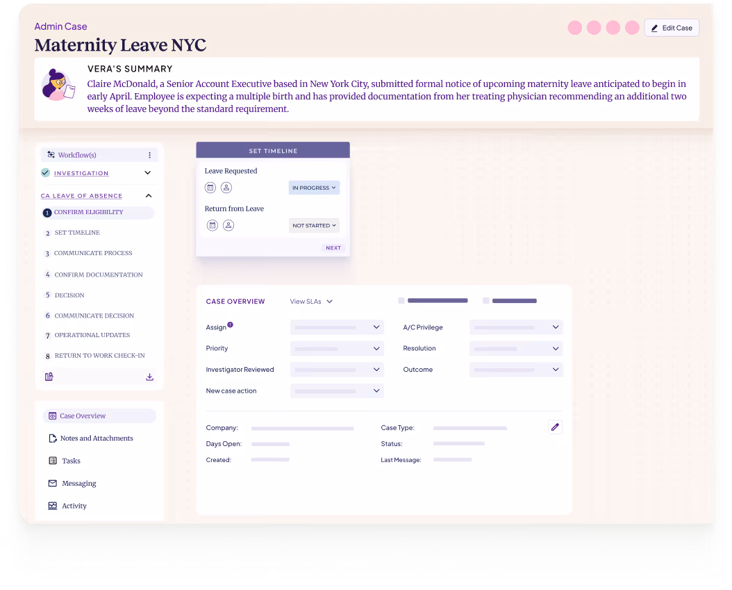Dashboard titled Maternity Leave NYC showing a case summary for Claire McDonald with workflow steps on the left and a timeline setting panel for leave request status in the center.