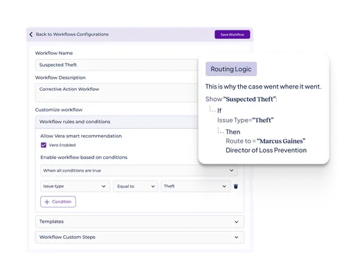 User interface for configuring a workflow named 'Suspected Theft' with a description of Corrective Action Workflow, including options to enable Vera smart recommendation and set conditions routing 'Theft' issue types to Marcus Gaines, Director of Loss Prevention.