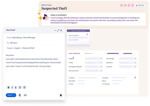 Screenshot of a suspected theft case management interface showing a summary of the incident, an email draft from a store manager reporting the theft, and options for assigning and tracking the case.
