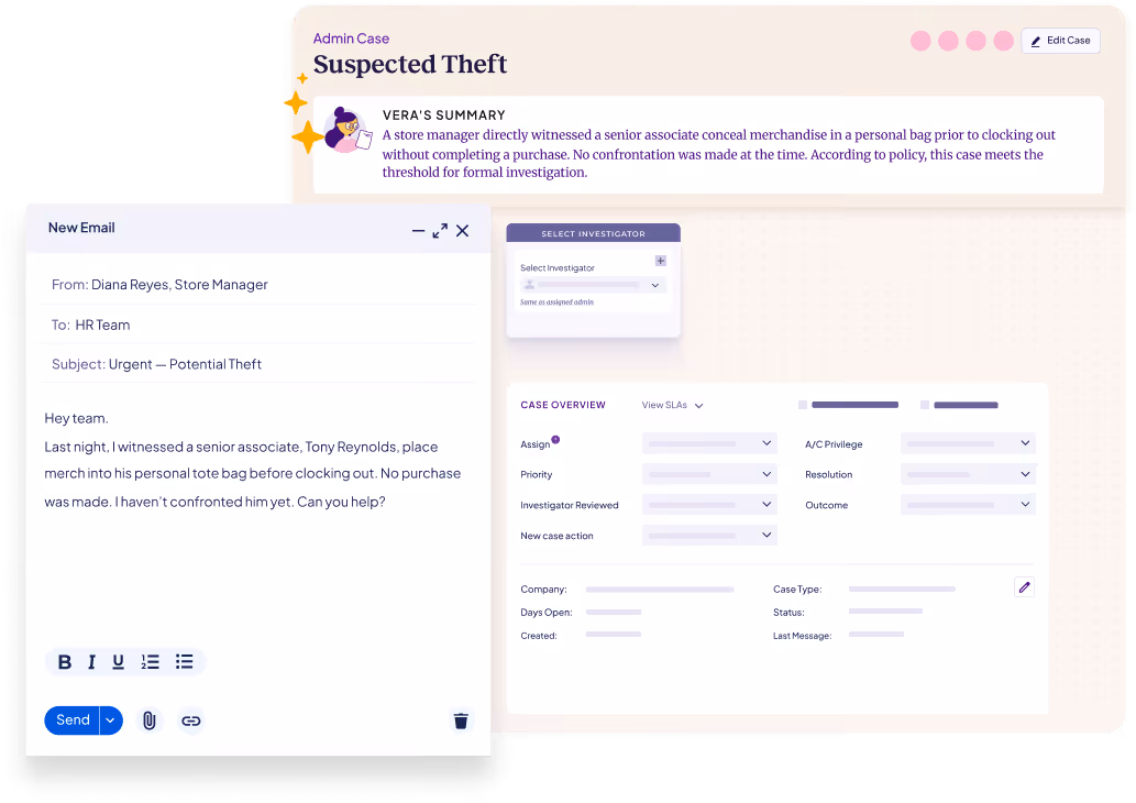 Screenshot of a suspected theft case management interface showing a summary of the incident, an email draft from a store manager reporting the theft, and options for assigning and tracking the case.