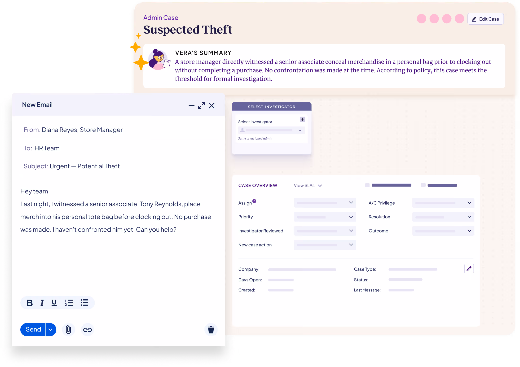 User interface showing an admin case summary titled 'Suspected Theft' with details of a store manager's report, a new email draft to the HR team about potential theft, and case overview options for investigator assignment, priority, and resolution.