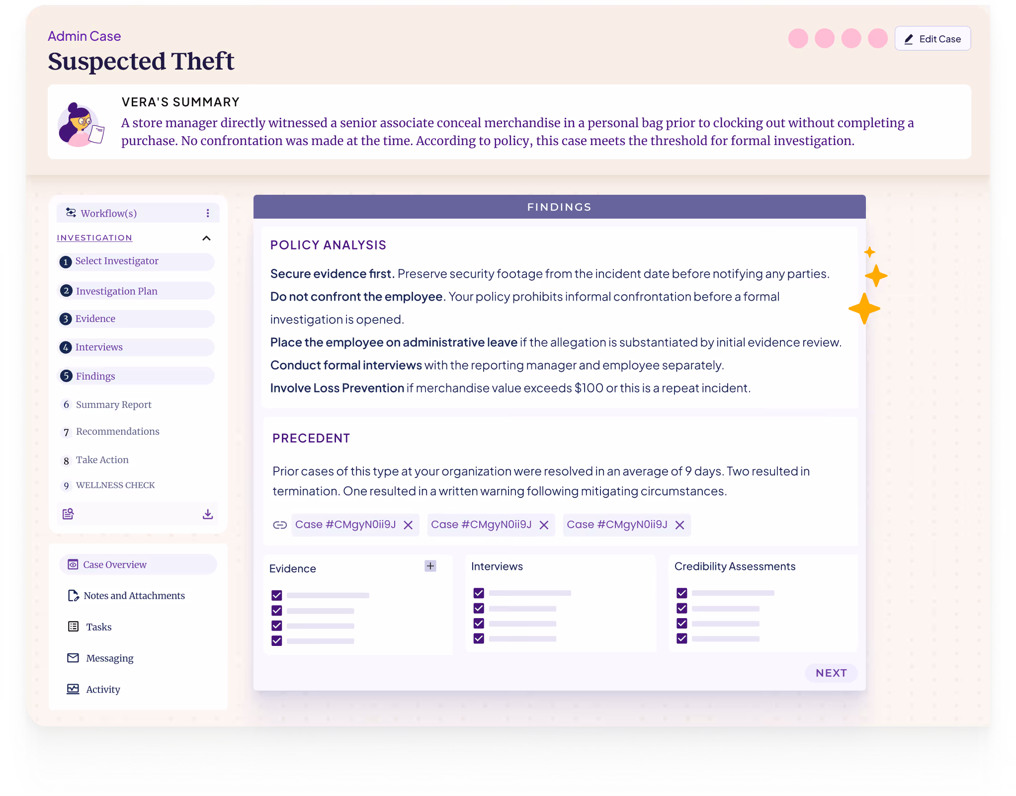 Admin case interface titled 'Suspected Theft' showing Vera's summary of a store manager witnessing a senior associate conceal merchandise, with a left sidebar listing investigation steps and case overview options.