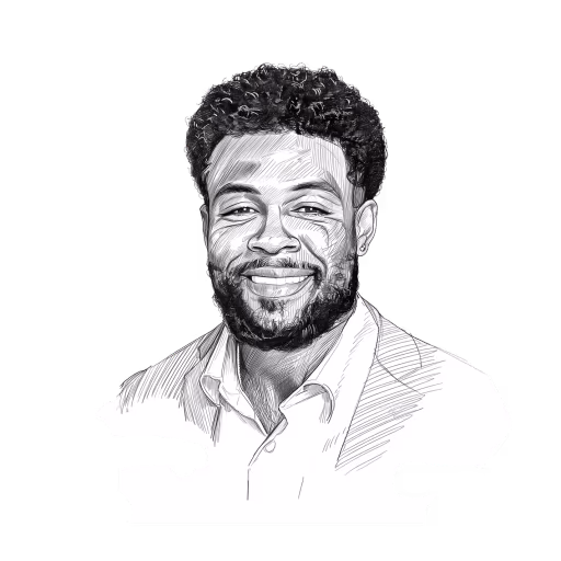 Black and white line drawing of a smiling man with short hair and a beard, wearing a collared shirt.
