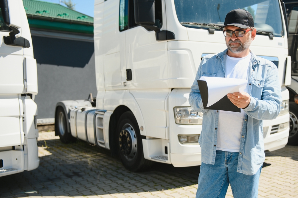 Truck driver reviewing load documents