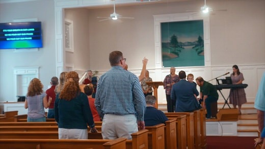 a group of people in a church