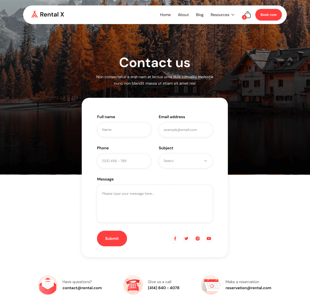 Rental X - Contact Us page - Hostel, Hotel & Airbnb Webflow Template Webflow Template