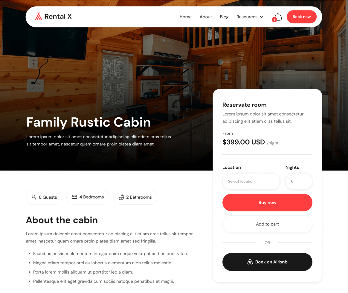 Rental X - Room Single page - Hostel, Hotel & Airbnb Webflow Template Webflow Template